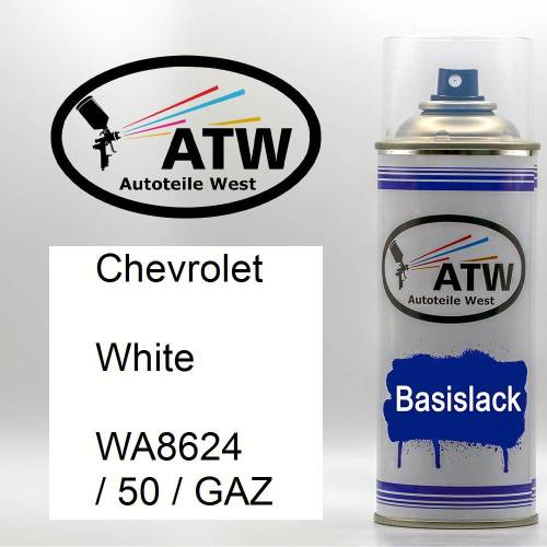Chevrolet, White, WA8624 / 50 / GAZ: 400ml Sprühdose, von ATW Autoteile West.